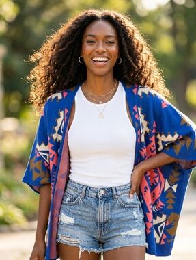 Aztec Kimono Flying Tomato Multicolor Knit Cardigan M/L